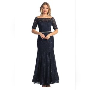 Cindy Collection 1638 Half Sleeve‎ Mermaid Dress Size Small Nany Blue